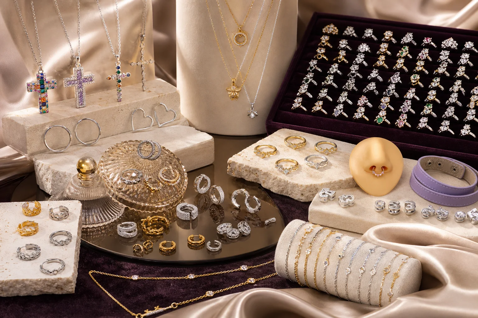 Jewellery assortment of necklaces, hoops, rings and bracelets arranged on velvet, stone and satin