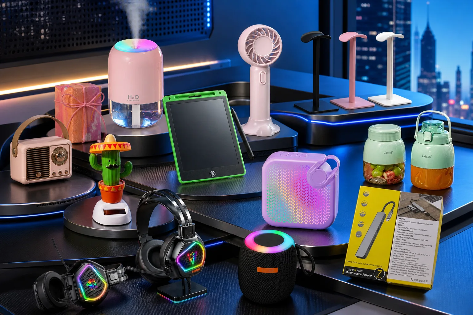 City-blue tech assortment with speakers, headphones, humidifier, writing tablet and compact fans