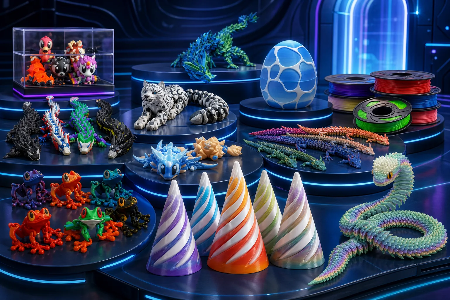 Futuristic display of colourful 3D-printed dragons, animals, spiral forms and filament spools