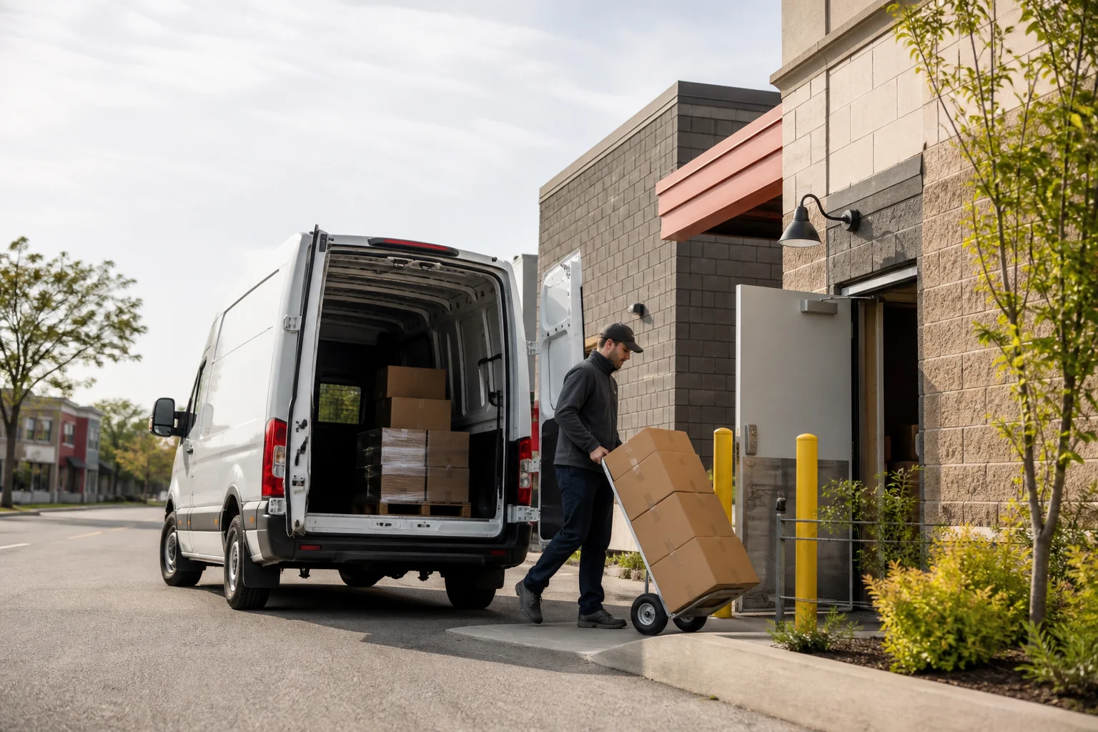 Illustrative driver moving cartons from a delivery van to a retail back entrance