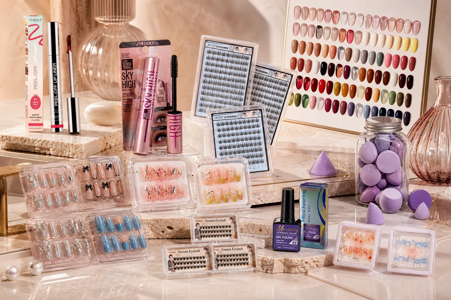 Beauty assortment with lip liner, mascara, lashes, press-on nails, polish and makeup sponges