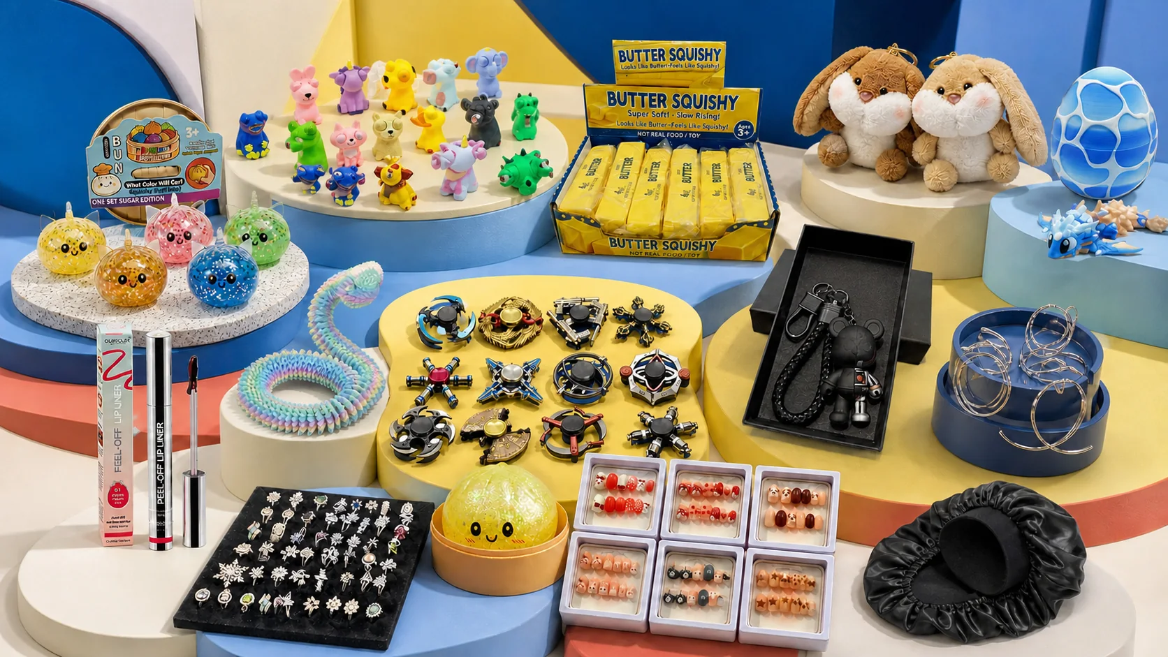 Dense studio assortment of representative Martin Max products across toys, accessories, beauty, jewellery and 3D-printed novelty