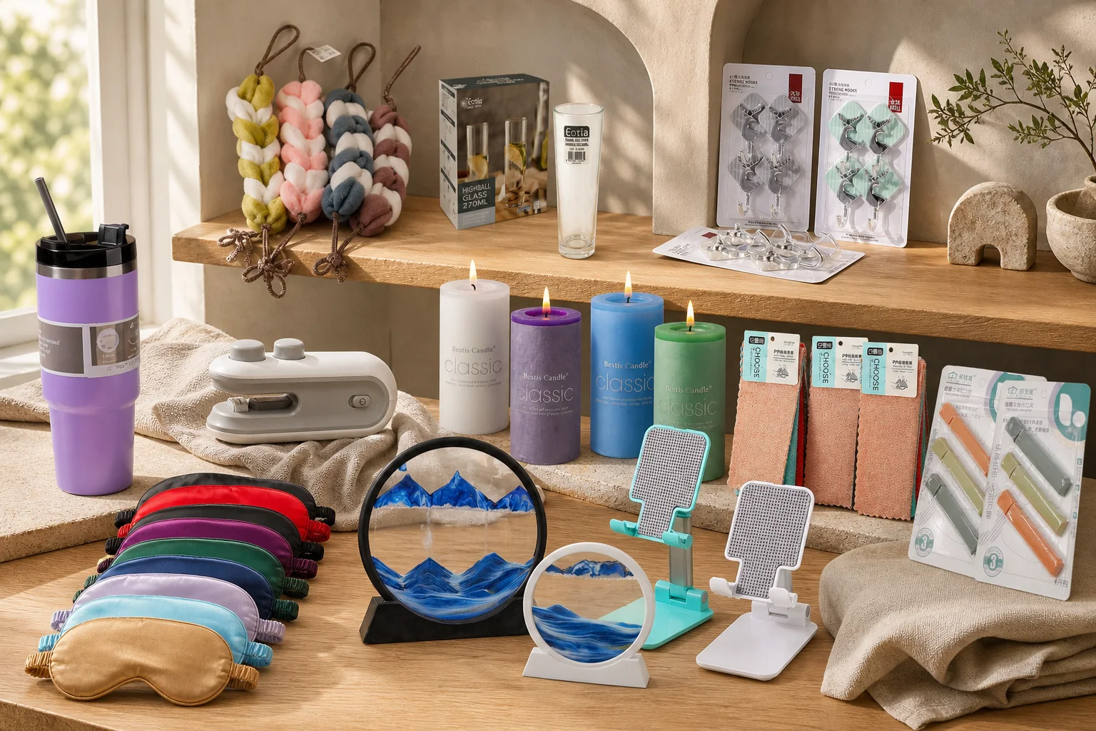 Warm home assortment with drinkware, candles, storage helpers, sleep masks and decorative sand art