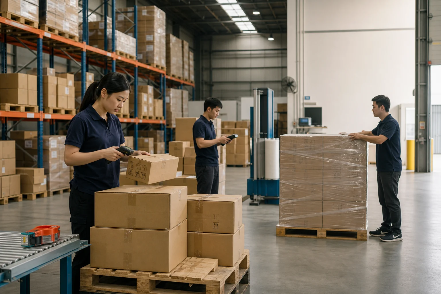 Illustrative export consolidation staff scanning cartons and wrapping a pallet