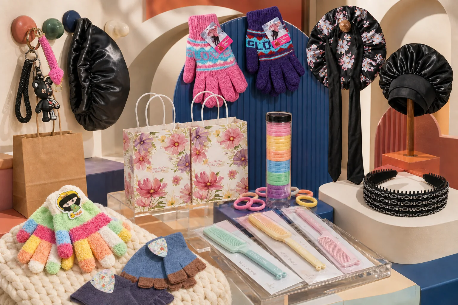 Boutique accessories assortment with keychains, satin bonnets, gloves, bags, headbands and hair accessories