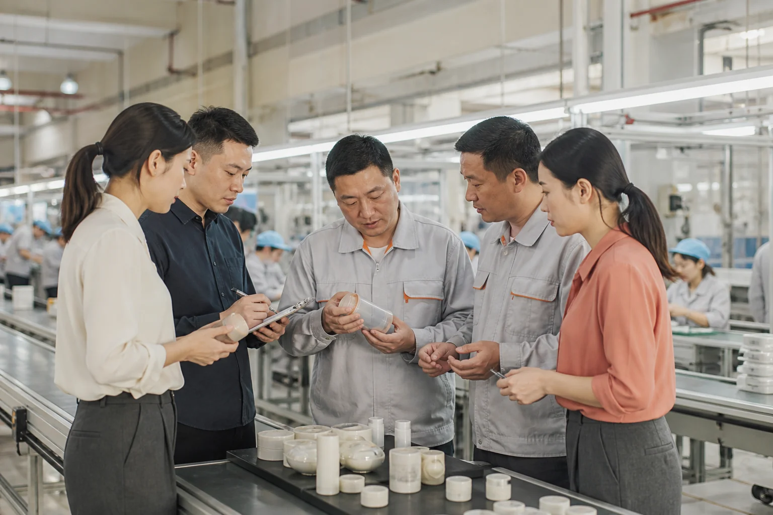 Illustrative sourcing team reviewing a product sample with factory staff beside a production line