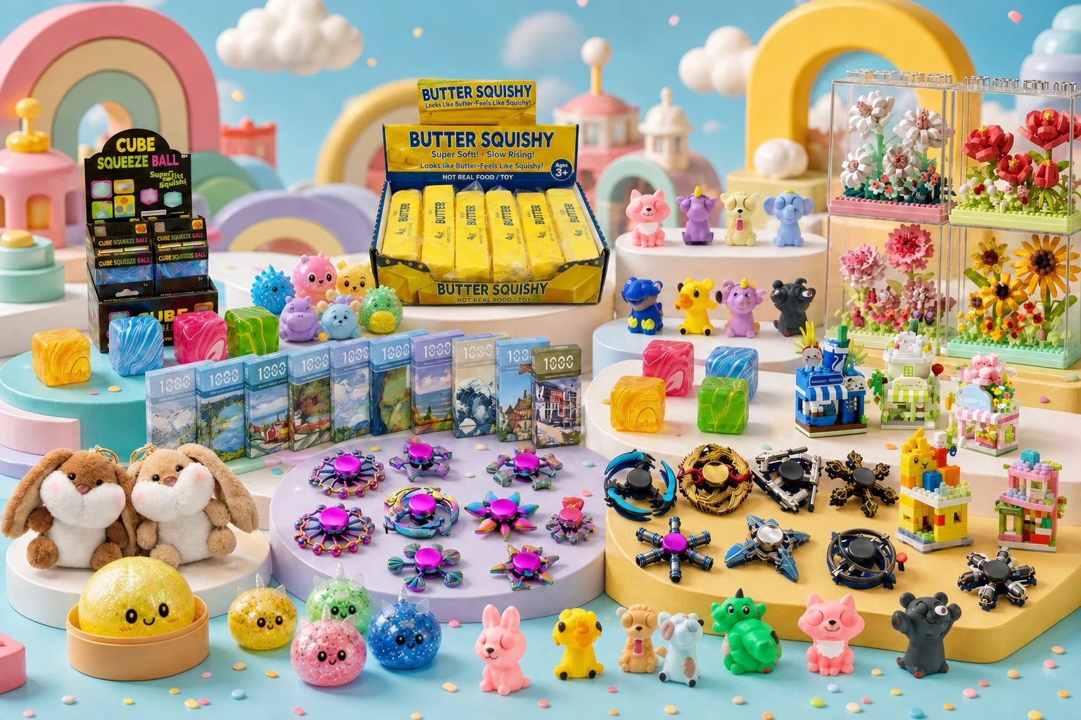 Colourful toy assortment with squishies, miniature figures, building sets, puzzles and fidget spinners