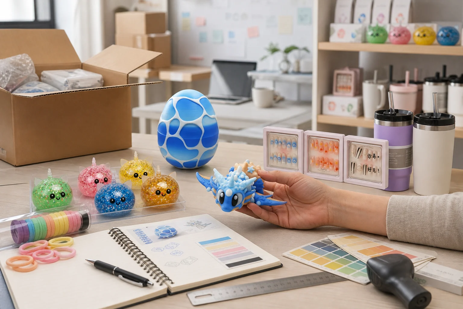 Martin Max product-selection studio with factory sample cartons, representative toys, 3D-printed products, beauty, home and accessory samples being reviewed for Canadian retail