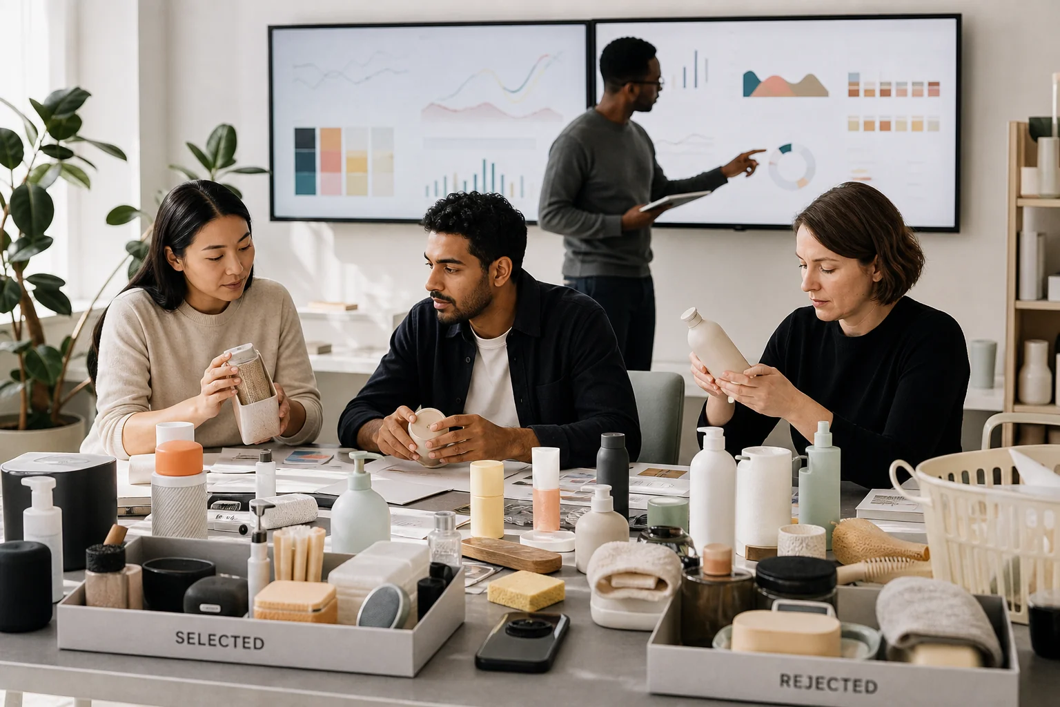 Illustrative product team reviewing samples in selected and rejected trays with category data on screens