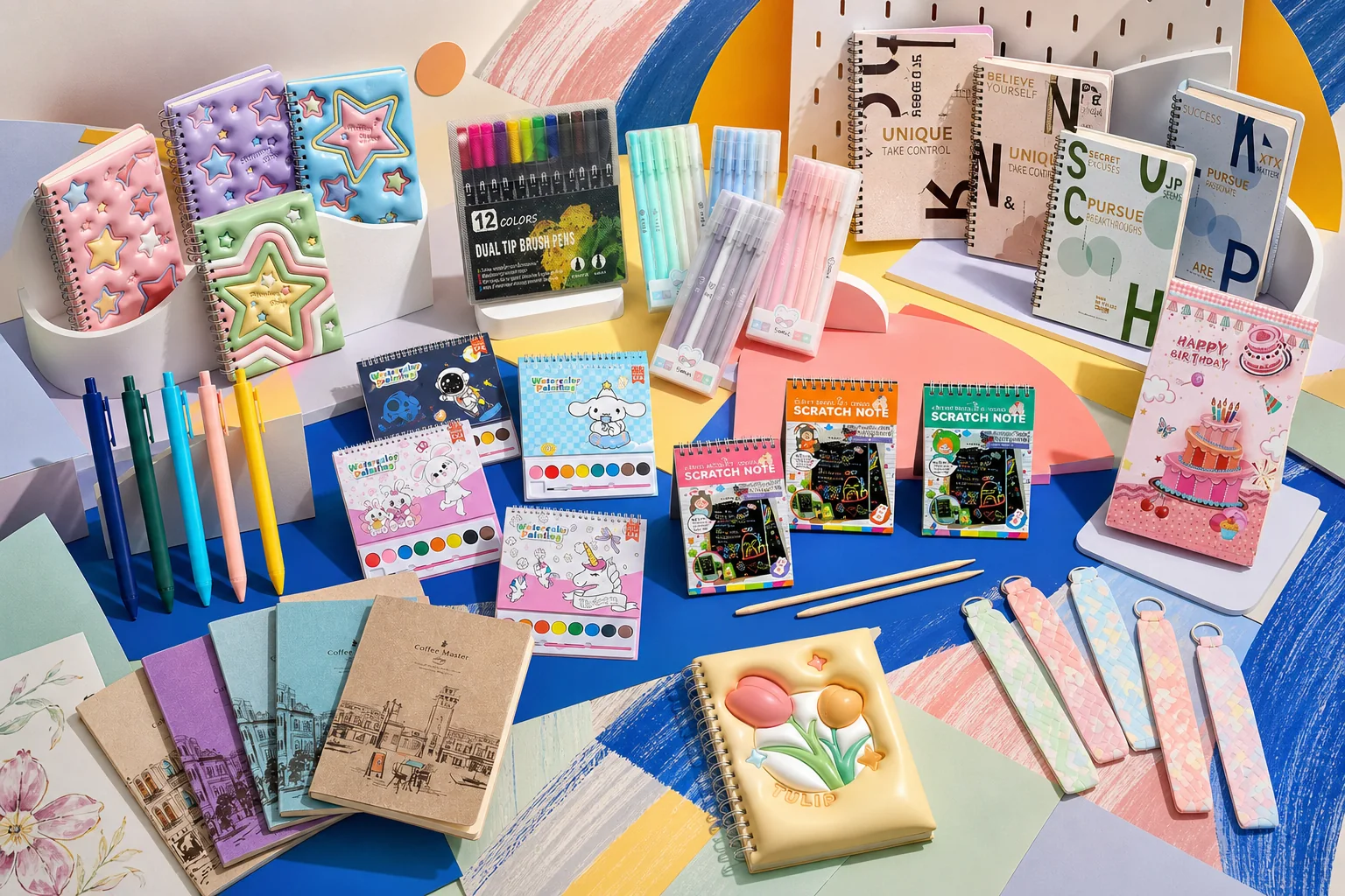Creative stationery studio with notebooks, brush pens, gel pens, painting pads and greeting cards