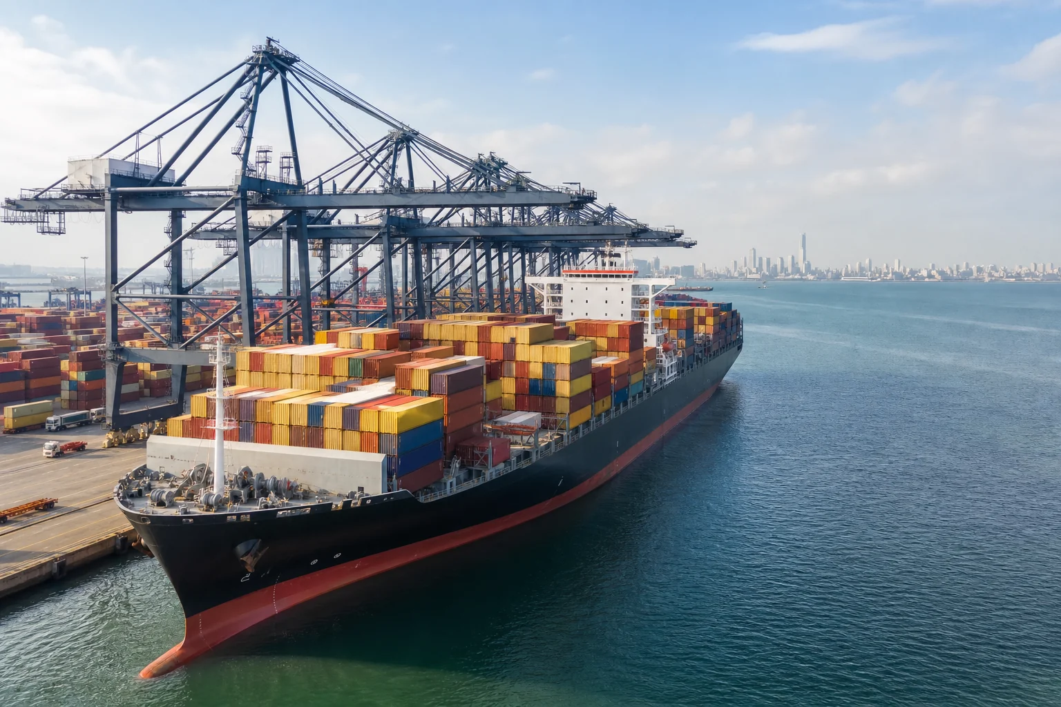 Illustrative container ship berthed at a port beneath gantry cranes